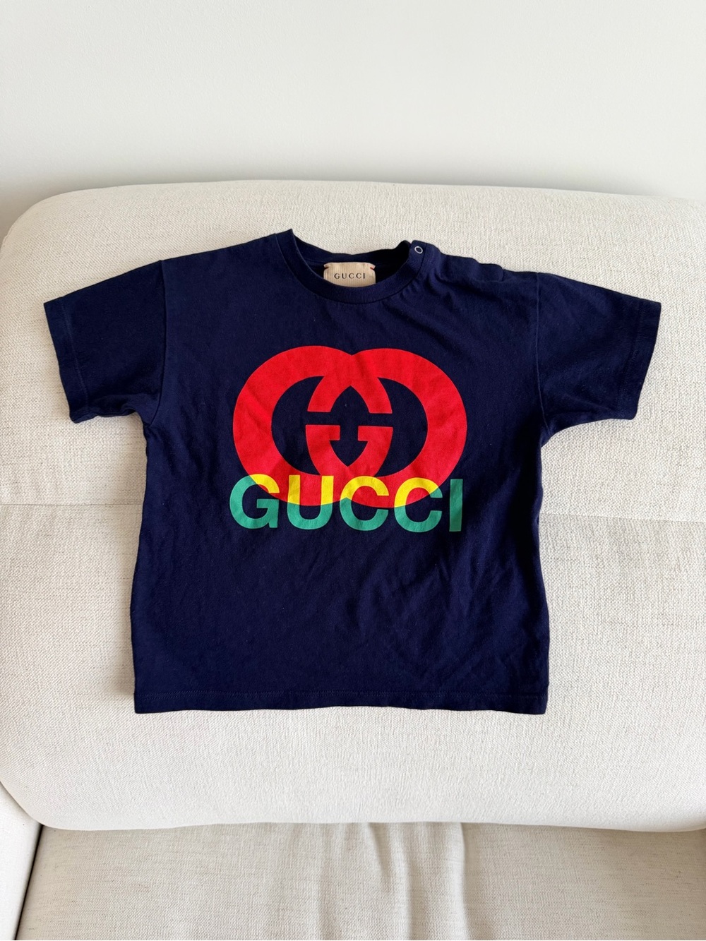 Gucci Navy Short-Sleeve Kids Tee with Red, Yellow and Green Logo